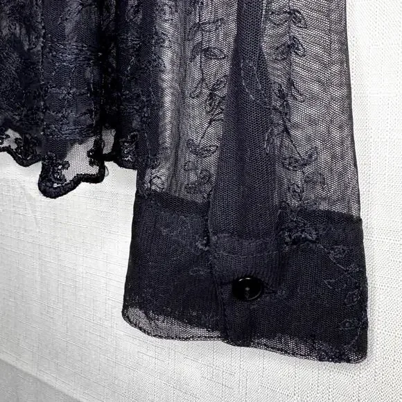 CHARLOTTE RUSSE Mesh Top Womens L Button Down Floral Embroidered Sheer Fairygoth - Picture 6 of 10